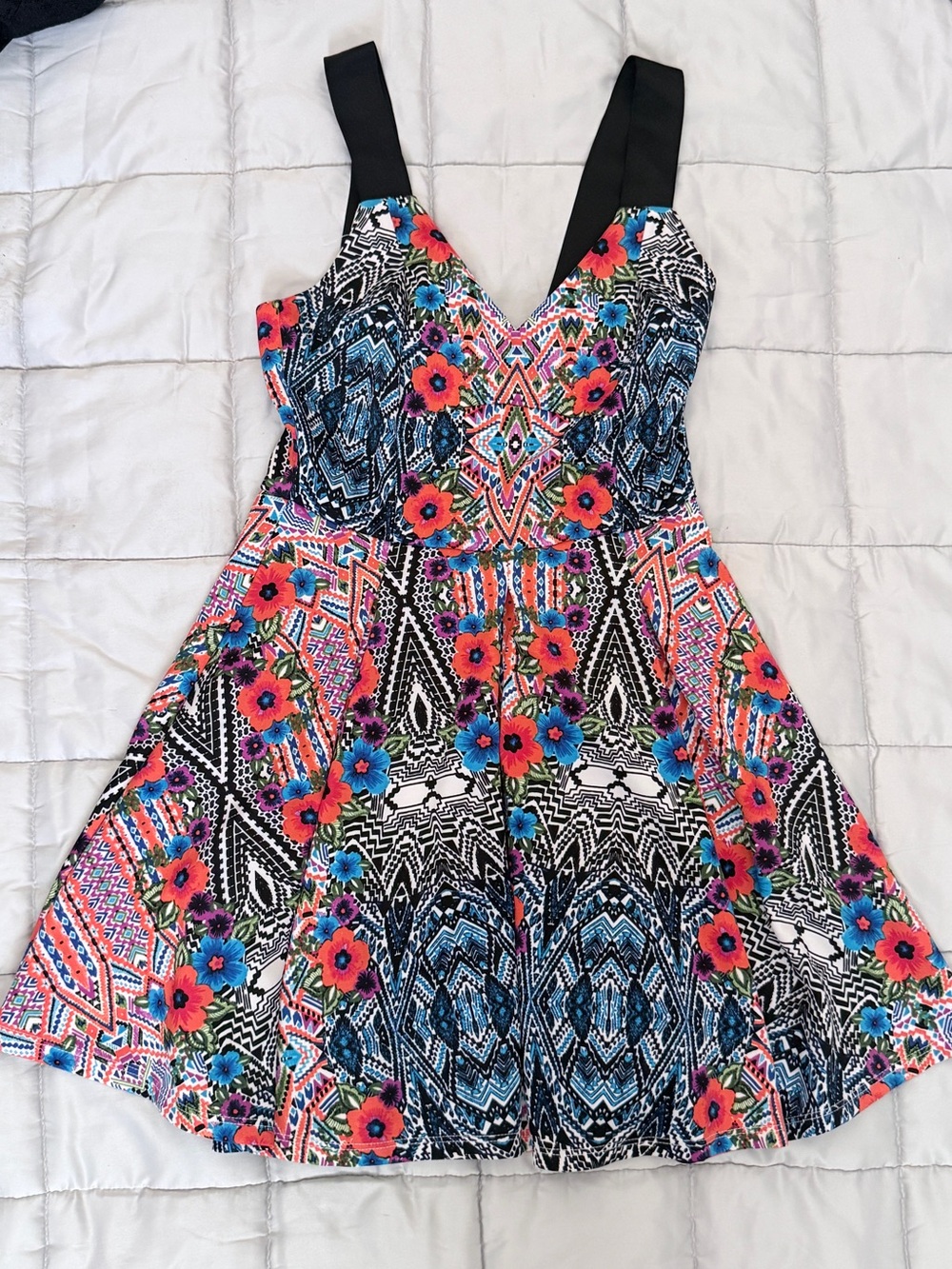 bebe Black-Strap Multi-Color Floral Geo Fit & Flare Dress